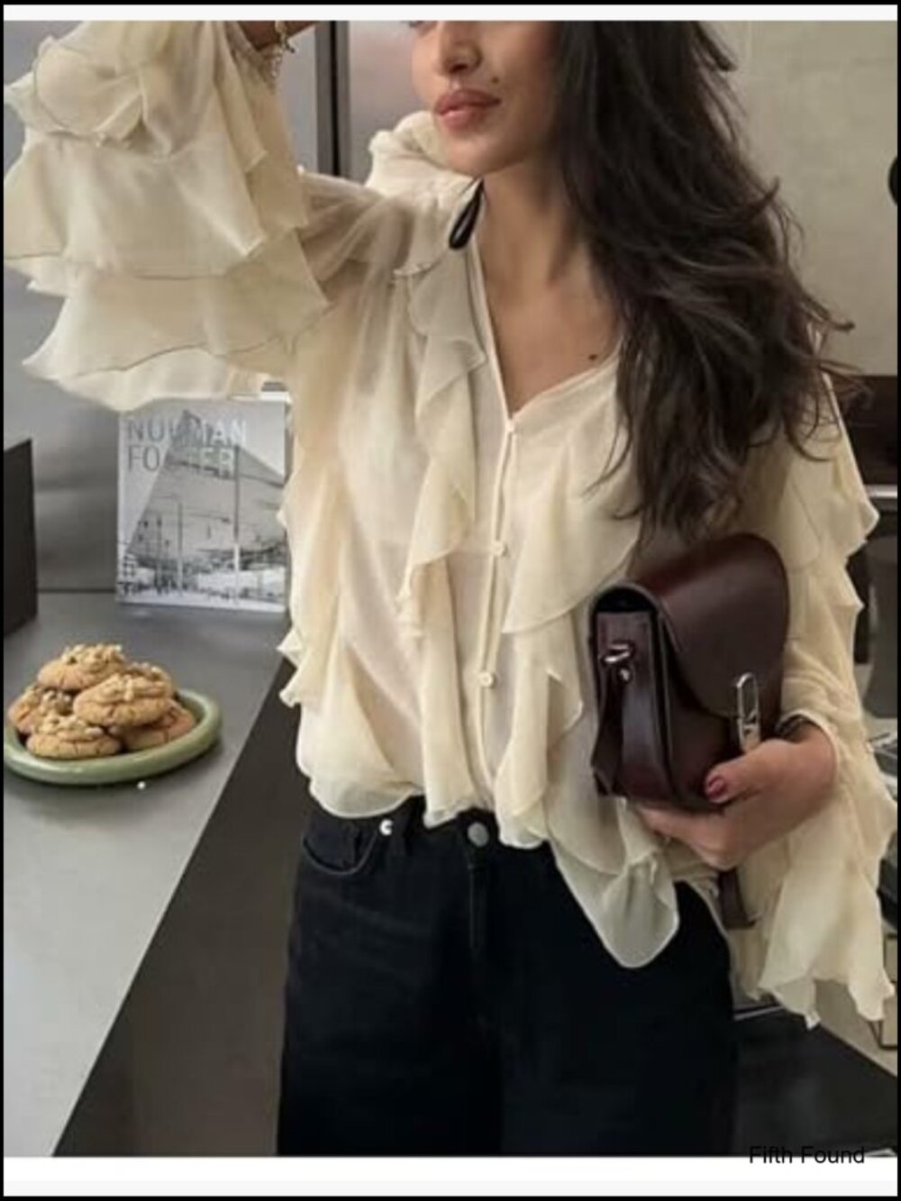 Ruffled Multi-Layered Semi Sheer V-Neck Blouse Long Sleeve Button Down Chiffon - Picture 2 of 7